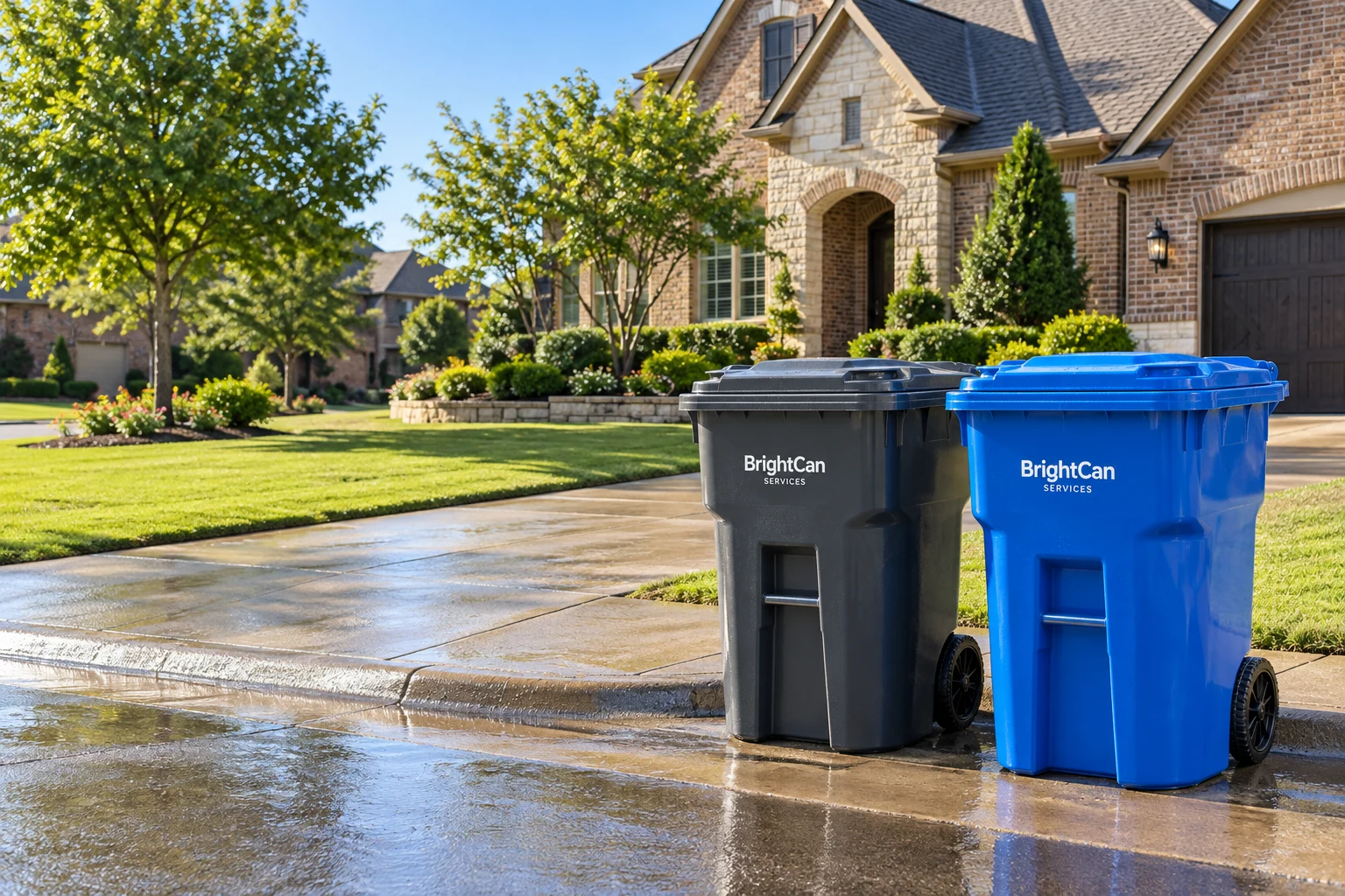 Clean charcoal and blue BrightCan bins outside a sunlit North Texas home